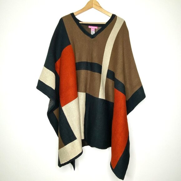 Woman Within 1X Poncho Sweater Color Block Brown Orange Black Knit V-Neck Plus - Picture 1 of 8